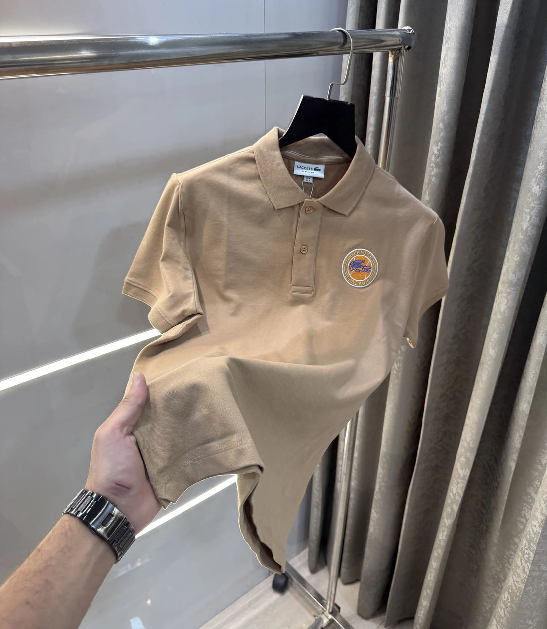 L-A-COST-E BEIGE LOGO WORK PREMIUM POLO T-SHIRT