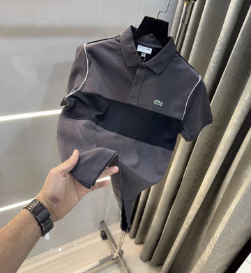 L-A-COST-E GREY LOGO WORK PREMIUM POLO T-SHIRT