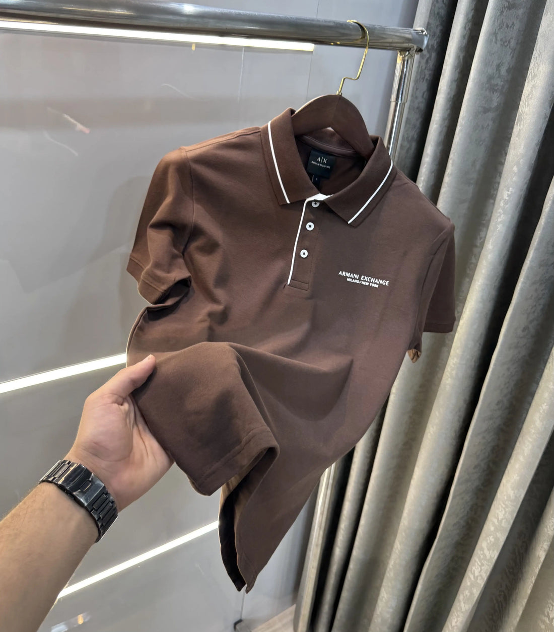 A-RMAN-I E-XCHANGE BROWN LOGO WORK PREMIUM POLO T-SHIRT