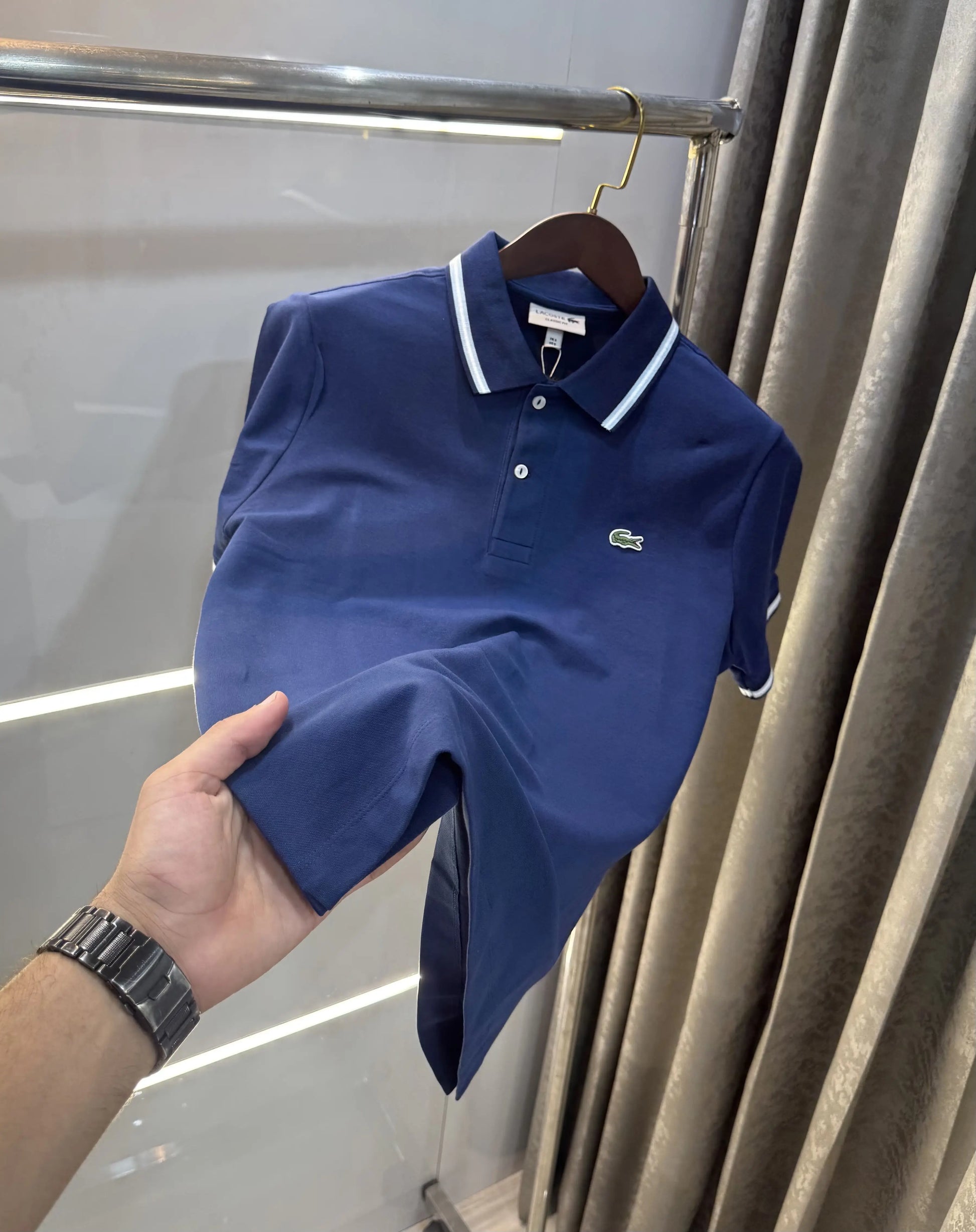 L-A-COST-E PETROL BLUE LOGO WORK PREMIUM POLO T-SHIRT