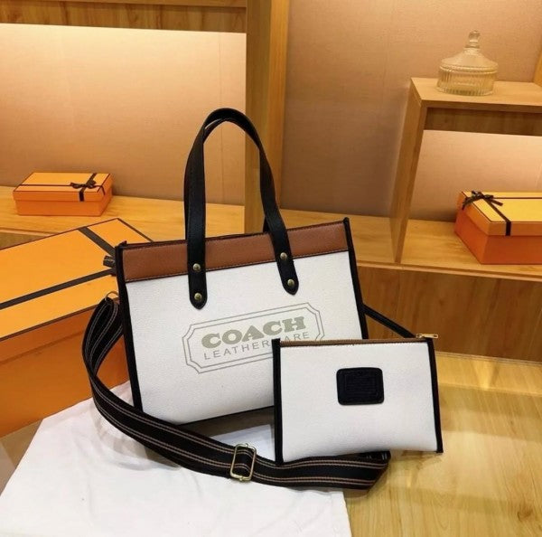 C-O-A-C-H FIELD TOTE BAG WITH OG DOUBLE BOX & DUST BAG & SHOULDER STRAP & EXTRA POUCH PREMIUM (WHITE)