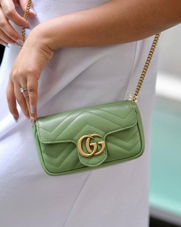 G-U-CC-I GG MARMONT MINI MATELASSE SHOULDER BAG WITH OG BOX & DUST BAG PREMIUM (GREEN)