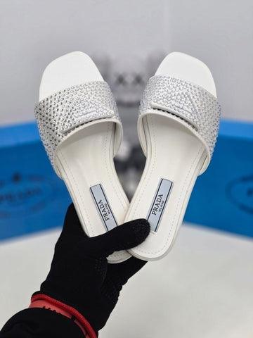 P-R-A-D-A CRYSTAL DIAMOND RHINESTONE SLIDES WITH OG BOX & DUST BAG PREMIUM (WHITE)