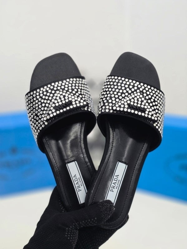 P-R-A-D-A CRYSTAL DIAMOND RHINESTONE SLIDES WITH OG BOX & DUST BAG PREMIUM (BLACK)
