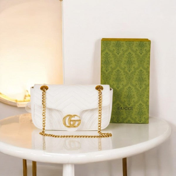 G-U-CC-I GG MARMONT MATELASSE SHOULDER BAG WITH OG BOX & DUST BAG PREMIUM (WHITE)