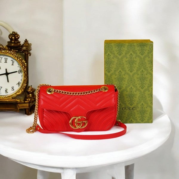 G-U-CC-I GG MARMONT MATELASSE SHOULDER BAG WITH OG BOX & DUST BAG PREMIUM (RED)