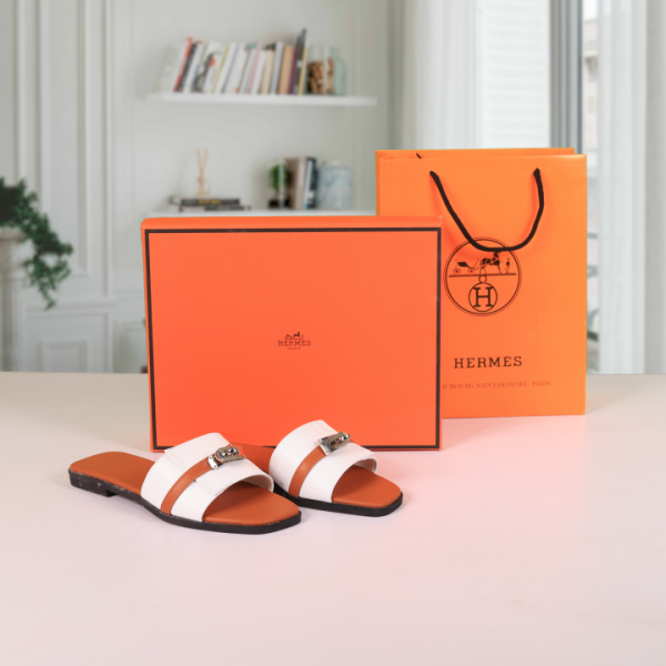 H-E-R-M-E-S PARIS BIRKIN PREMIUM FLATS WITH OG BOX & CARRY BAG (BROWN WHITE)