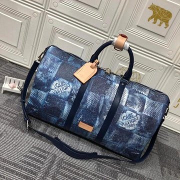 L-V LOUIS VUITTON L-V DAMIER KEEPALL BANDOULIRE LIMITED EDITION PREMIUM UNISEX DUFFLE BAG OCEAN BLUE