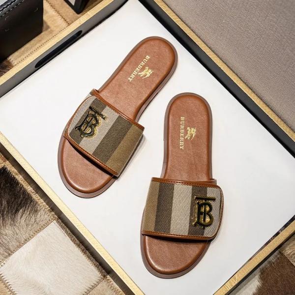 B-U-R-B-E-R-R-Y TB MONOGRAM PREMIUM LEATHER SLIDE BROWN STRAP