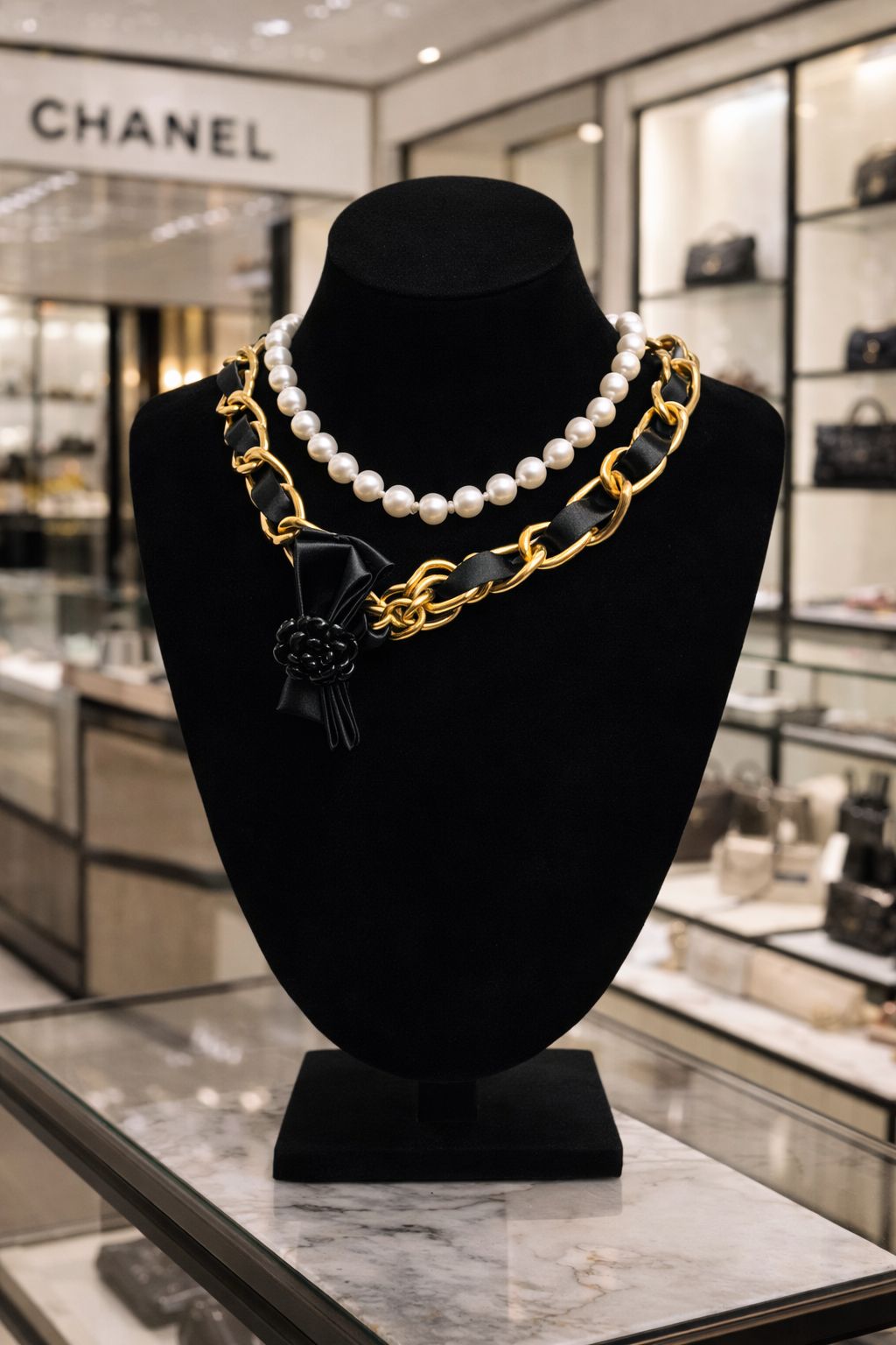 Cha-nel Inspired Double-Strand Pearl & Bow Necklace