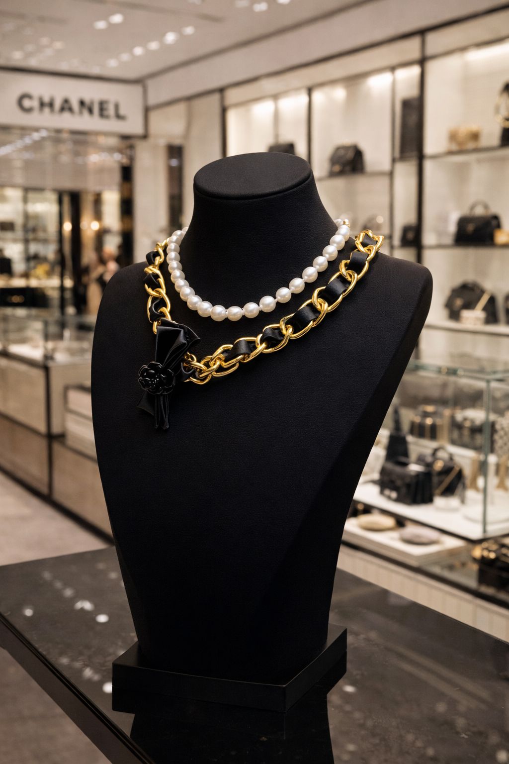 Cha-nel Inspired Double-Strand Pearl & Bow Necklace