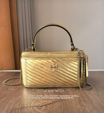 TO-RY BURCH KIRA METALLIC MOTO QUILT VANITY BAG
