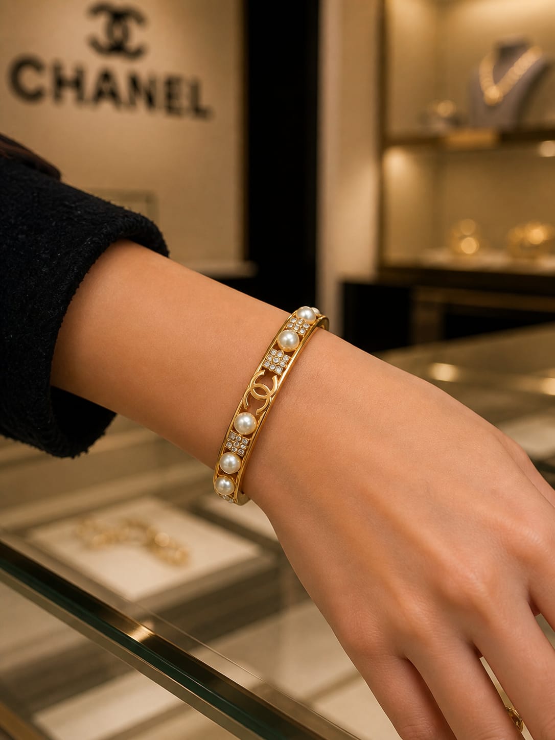 CHA-NEL Pearl Cuff Gold-Tone Bracelet