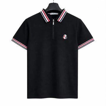 MONCLER LOGO PATCH STRIPED TRIM POLO SHIRT – BLACK