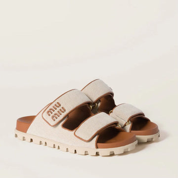MIU MIU BEIGE BRANDY CANVAS SLIDES