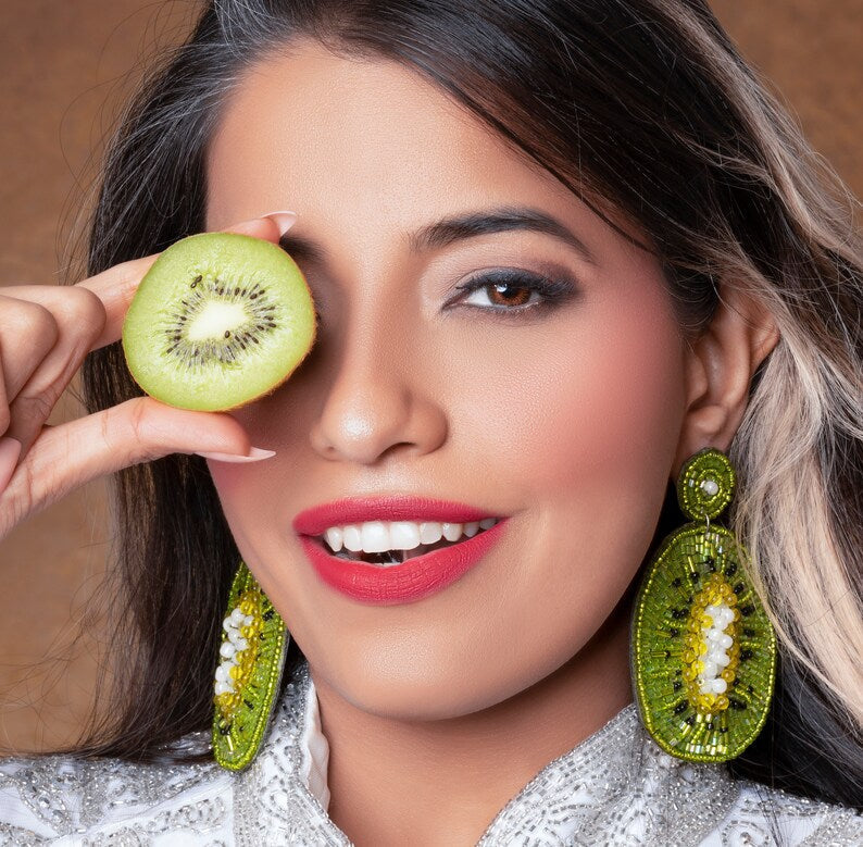 Big Green Kiwi Handcrafted Earrings with Citrine Beads
