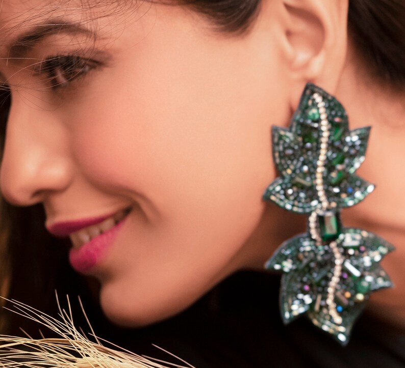 Gorgeous Emerald Handcrafted Earrings with Semi-Precious Crystal-Cut Stones