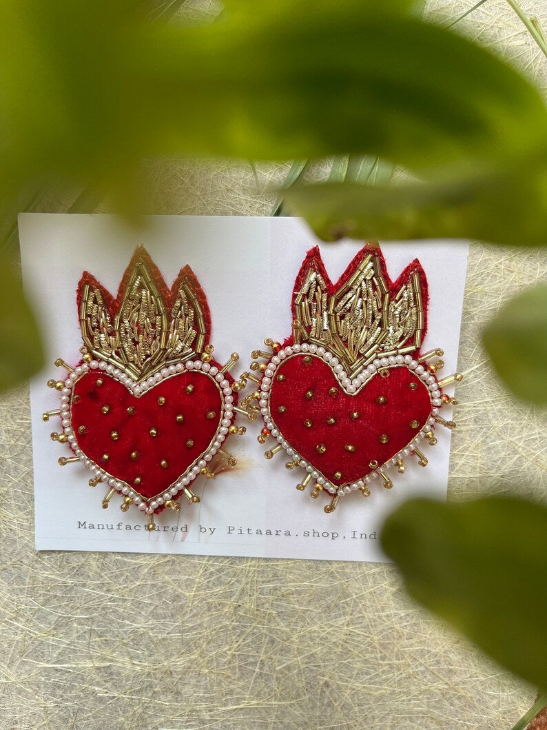 Red Velvet Heart-Shaped Handcrafted Earrings