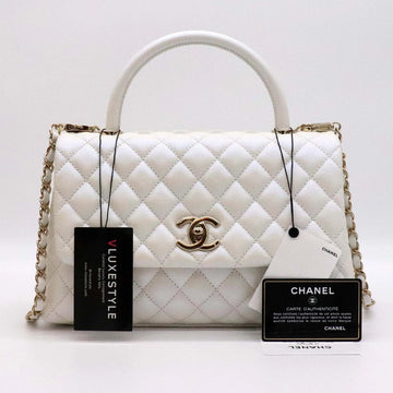 C-H-A-NEL WHITE QUILTED CAVIAR MEDIUM COCO TOP HANDLE BAG